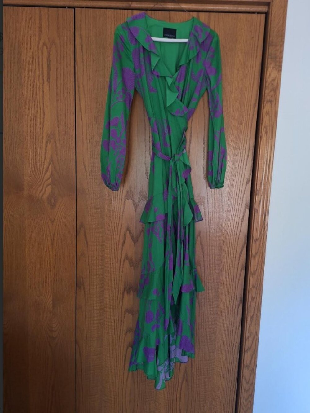 Green with Violet Flowers Cynthia Rowley High Low Ruffle Wrap Dress